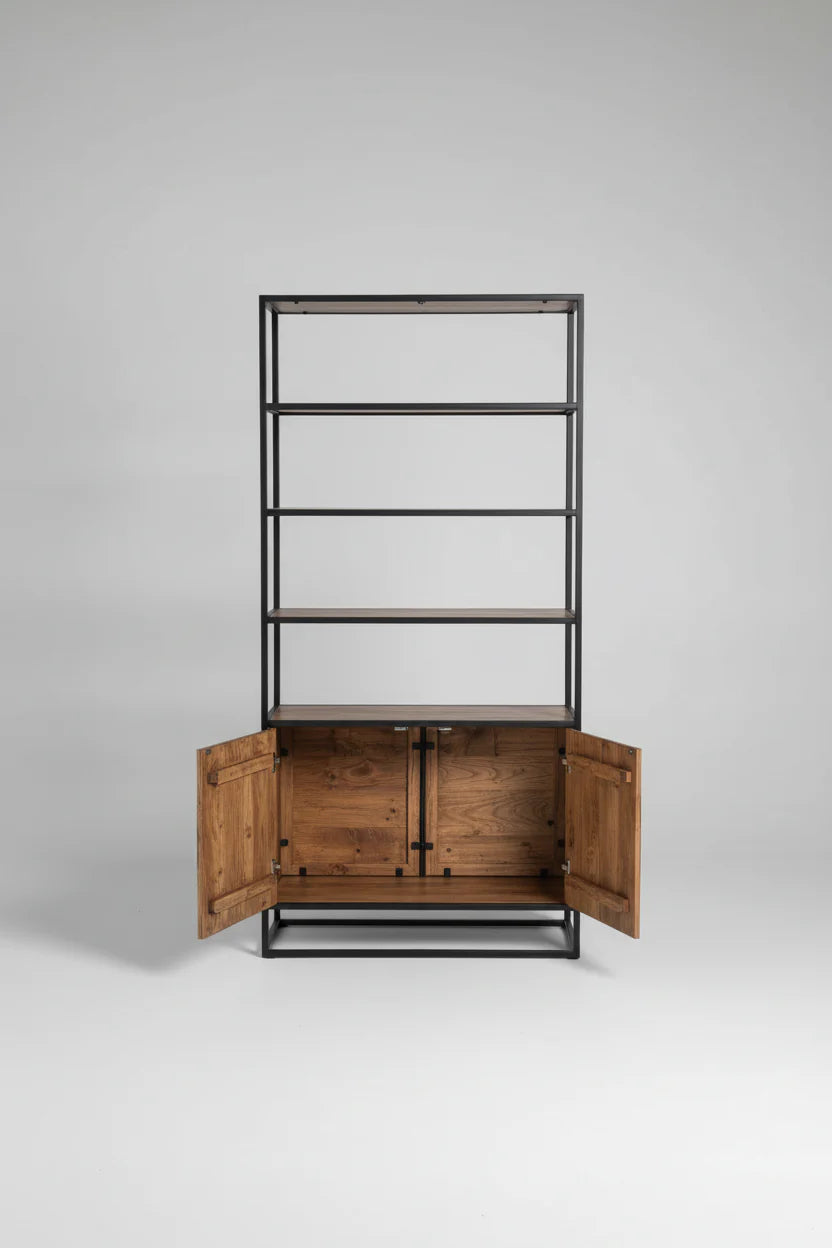 Acacia Wood Shelf with 2 Doors on Black Steel Frame