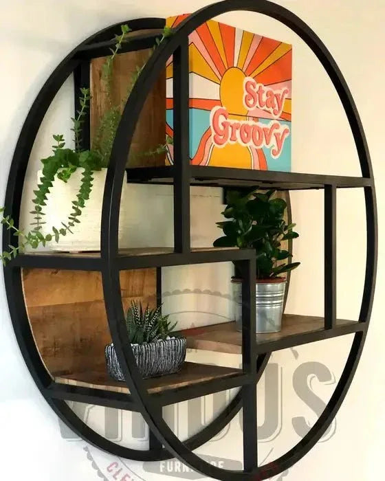 Mango wood and steel round wall shelf