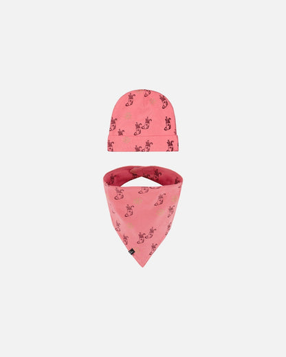 Ensemble Bonnet et bavoir imprimés en coton biologique pour Noël, Rose