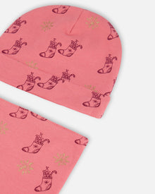 Ensemble Bonnet et bavoir imprimés en coton biologique pour Noël, Rose