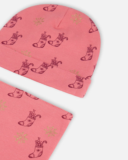 Ensemble Bonnet et bavoir imprimés en coton biologique pour Noël, Rose