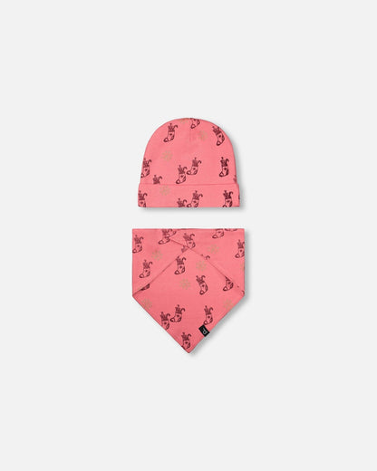 Ensemble Bonnet et bavoir imprimés en coton biologique pour Noël, Rose