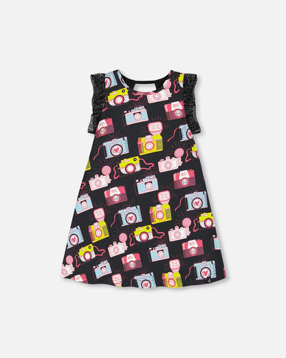 Robe imprimée à manches en résille noire