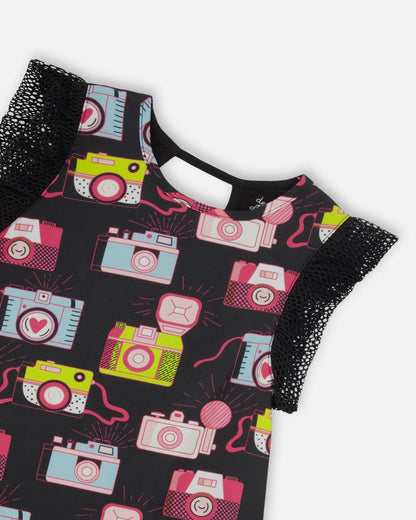 Robe imprimée à manches en résille noire