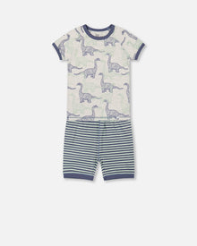 Pyjama court deux pièces en coton biologique, motif dinosaures, couleur beige chiné