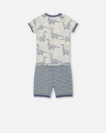 Pyjama court deux pièces en coton biologique, motif dinosaures, couleur beige chiné