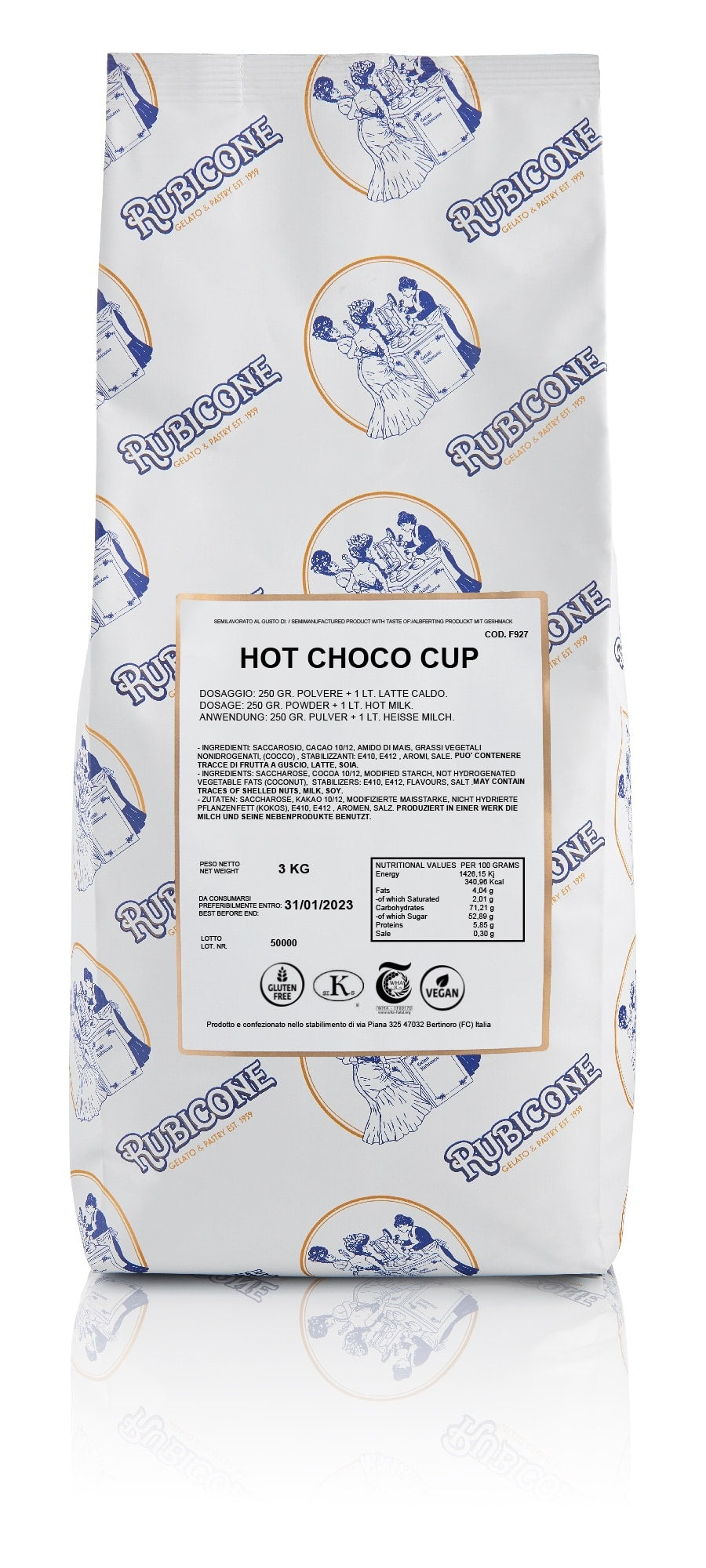 Premium Hot Chocolate Powder Mix - Hot Choco Cup - 3 KG Bag - Made in Italy by Rubicone - Canadian Distribution - Ships Free Within Canada on Orders Above CAD $199