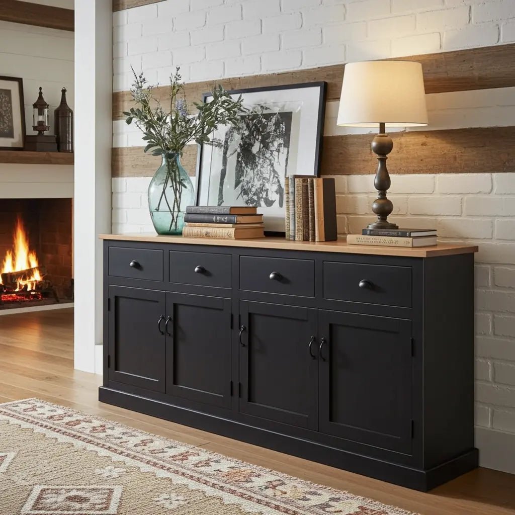 Buffet de style campagnard en bois de manguier avec finition noire antique