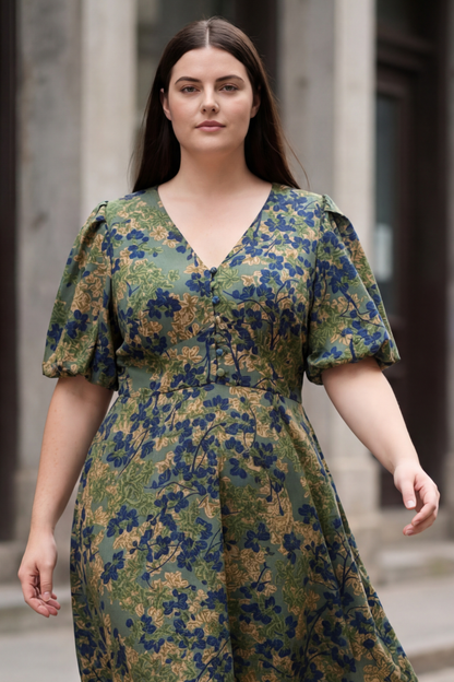 Robe évasée fleurie verte