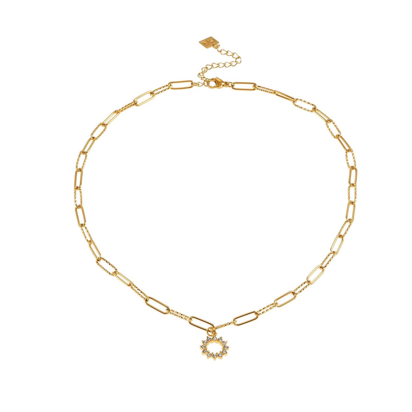 FRETTA : Collier à Pendentif Étoile Rayonnante en Zirconium avec Chaîne Trombone en Plaqué Or.
