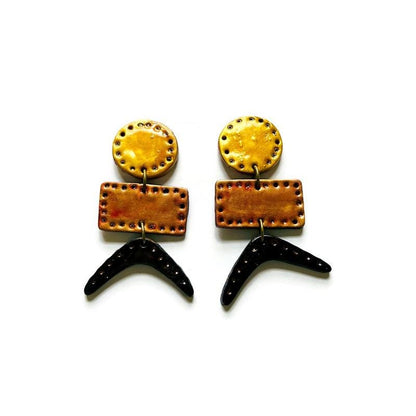 Boucles d'Oreilles Géométriques Originales en Or, Cuivre et Noir avec Tige ou Clip