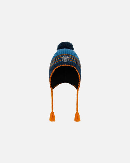 Bonnet péruvien tricoté bleu et orange