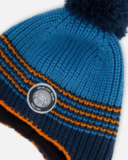 Bonnet péruvien tricoté bleu et orange