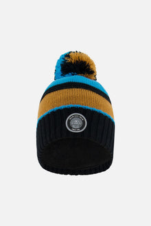 Bonnet en maille bleu, noir et cannelle