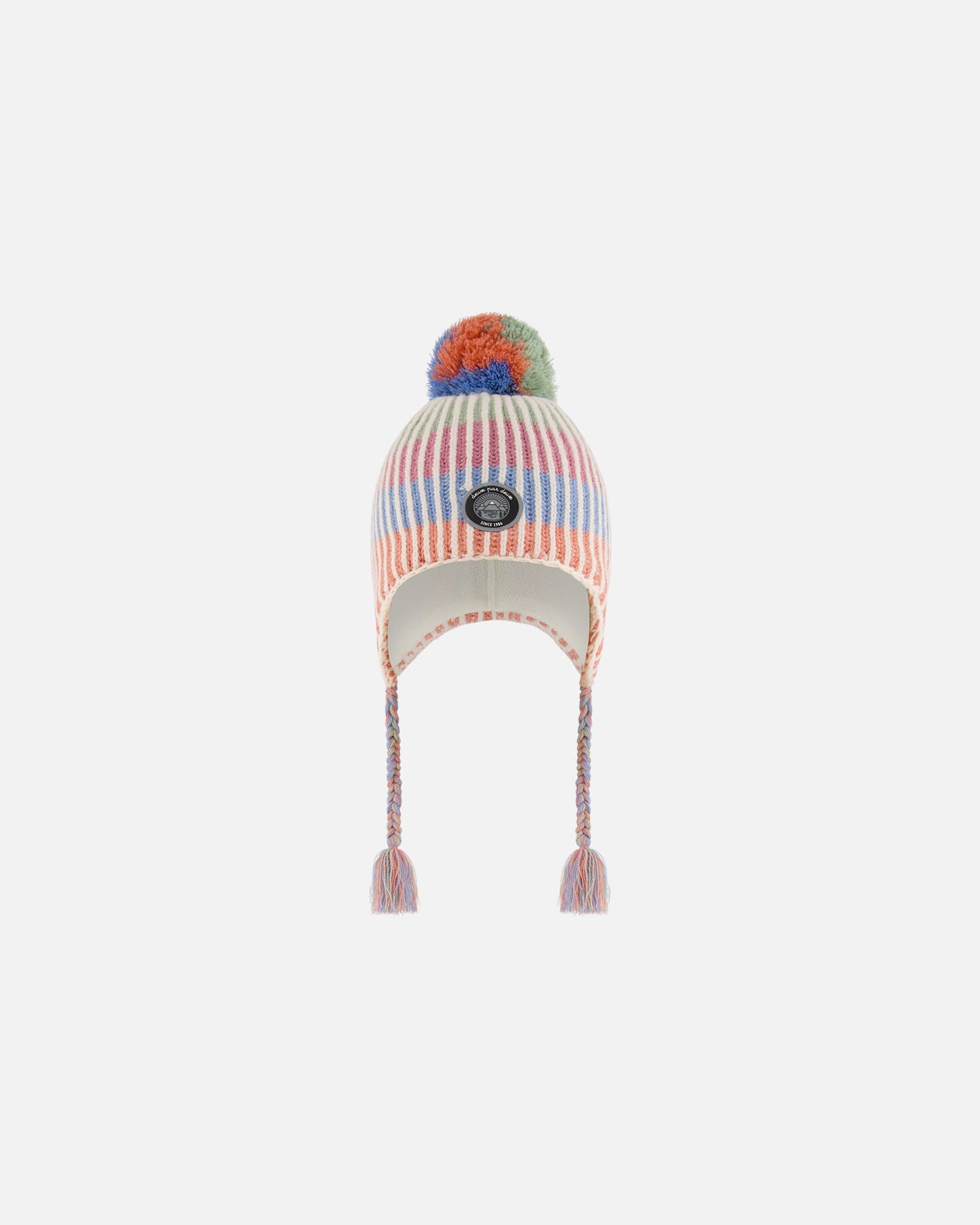Bonnet péruvien en tricot aux couleurs pastel avec pompons