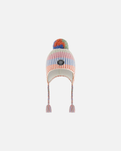 Bonnet péruvien en tricot aux couleurs pastel avec pompons