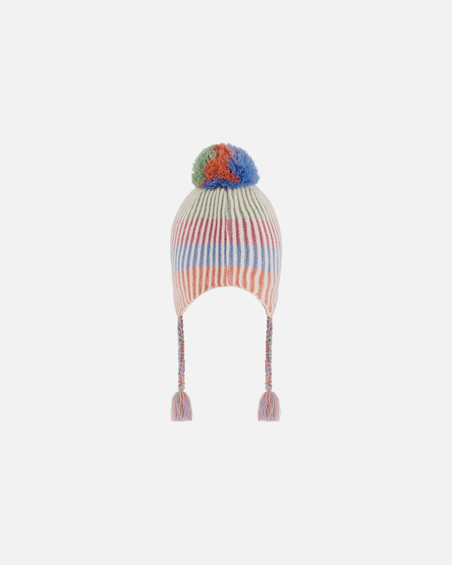 Bonnet péruvien en tricot aux couleurs pastel avec pompons
