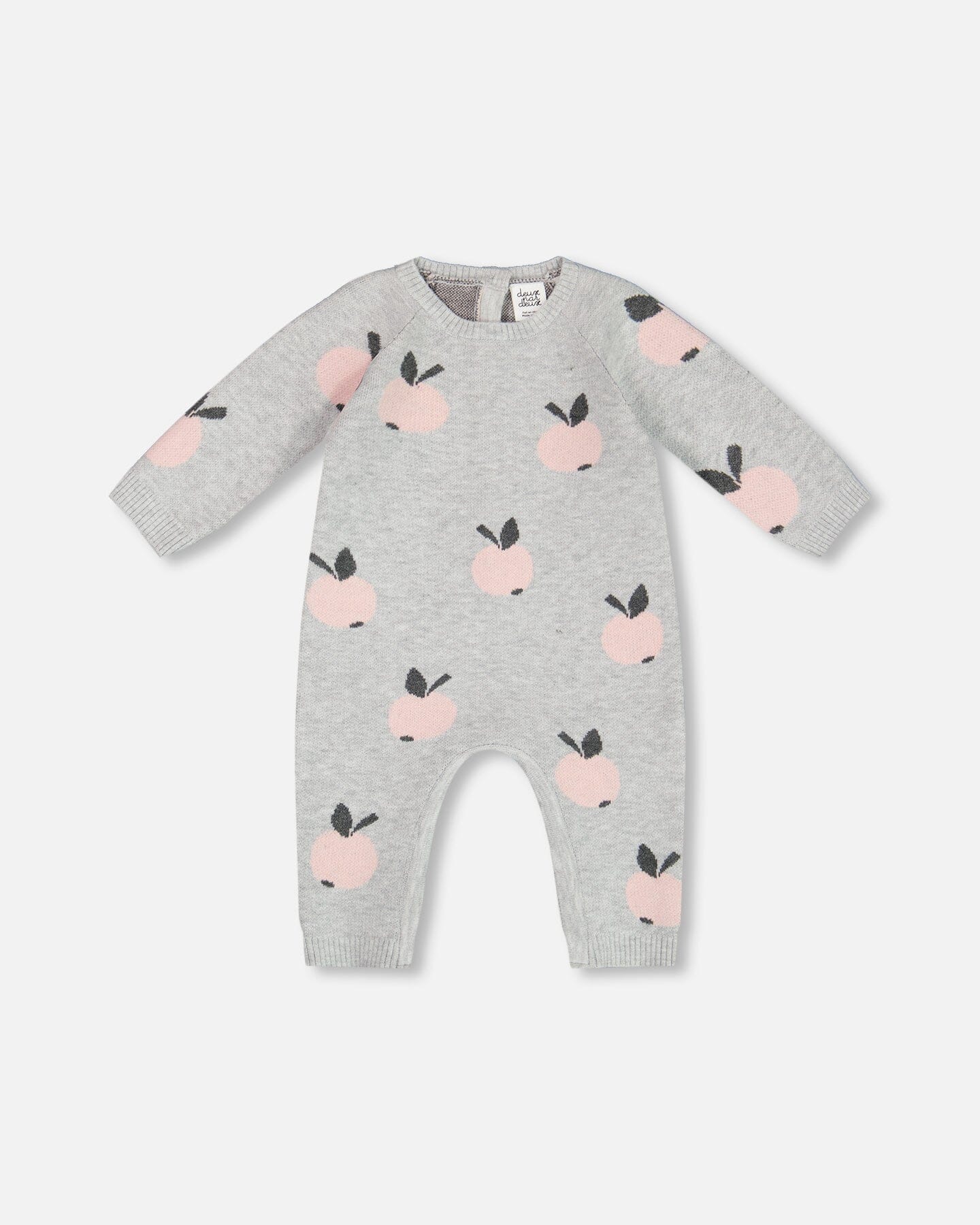 Combinaison tricotée en jacquard grise avec des pommes
