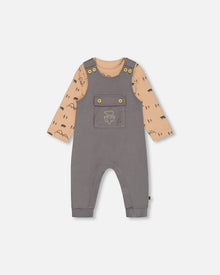 Organic Cotton Printed Onesie And Overall Set Dark Gray With Mountains