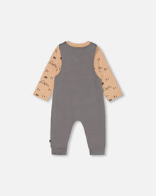 Organic Cotton Printed Onesie And Overall Set Dark Gray With Mountains