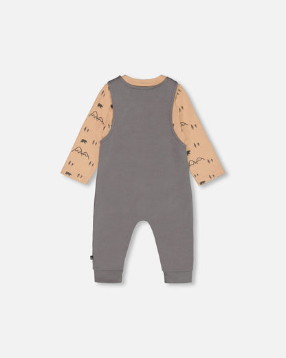 Organic Cotton Printed Onesie And Overall Set Dark Gray With Mountains