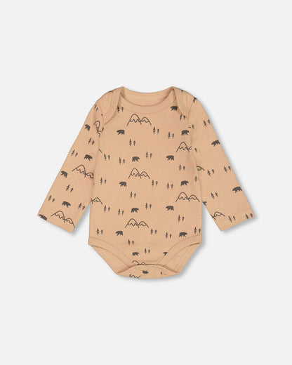 Organic Cotton Printed Onesie And Overall Set Dark Gray With Mountains