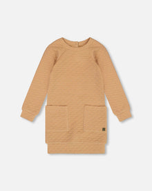 Robe matelassée brillante à manches longues avec poche, marron doré