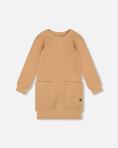 Long Sleeve Shiny Quilted Dress With Pocket Golden Brown