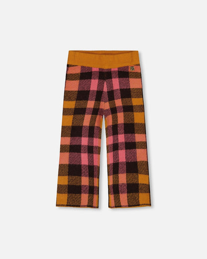 Pantalon large écourté à carreaux magenta et marron