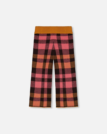 Pantalon large écourté à carreaux magenta et marron