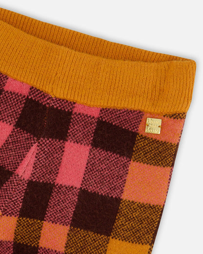 Pantalon large écourté à carreaux magenta et marron