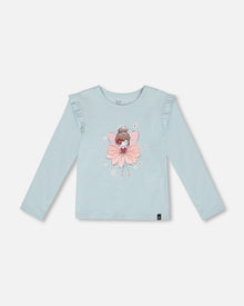 T-shirt en coton bio avec volant bleu clair