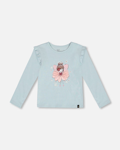 T-shirt en coton bio avec volant bleu clair