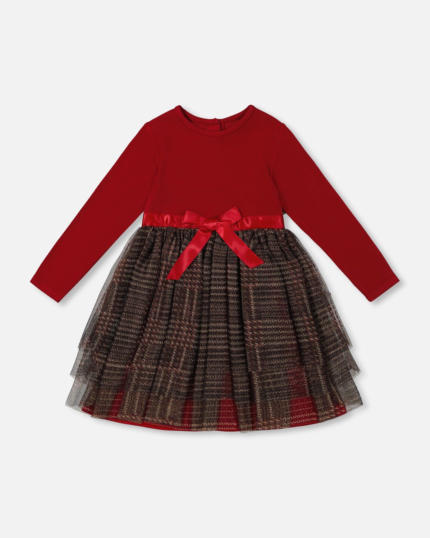 Robe bi-matière avec jupe en tulle scintillante à carreaux rouges