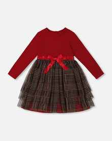 Robe bi-matière avec jupe en tulle scintillante à carreaux rouges