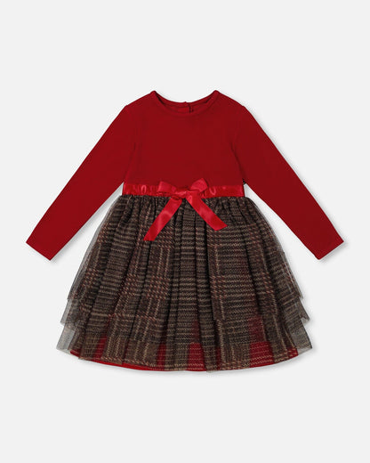 Robe bi-matière avec jupe en tulle scintillante à carreaux rouges