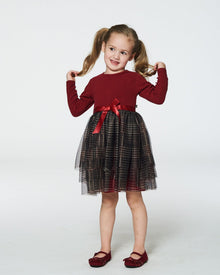 Robe bi-matière avec jupe en tulle scintillante à carreaux rouges