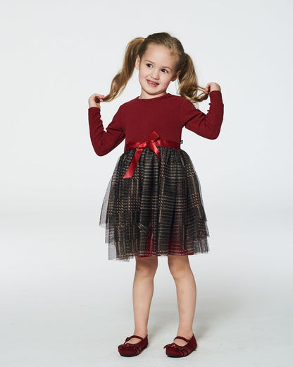 Robe bi-matière avec jupe en tulle scintillante à carreaux rouges