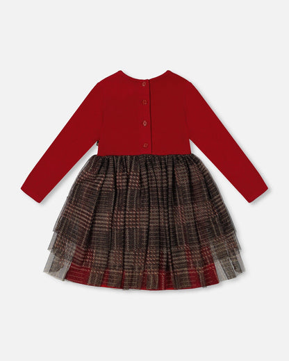 Robe bi-matière avec jupe en tulle scintillante à carreaux rouges