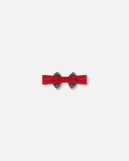 Headband With Glittering Tulle Bow Red Plaid