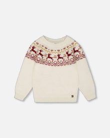 Pull Intarsia Noël Écru Et Rouge