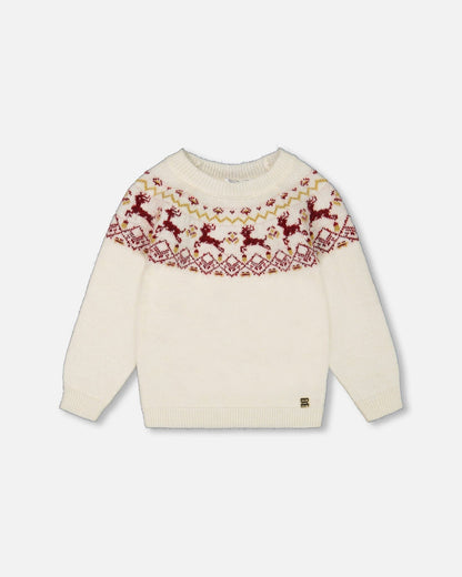 Pull Intarsia Noël Écru Et Rouge