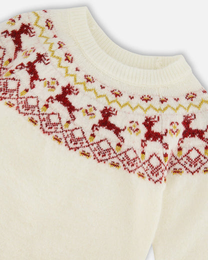 Pull Intarsia Noël Écru Et Rouge