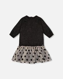 Robe longue bi-matière à manches longues avec volants noir scintillant