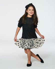 Robe longue bi-matière à manches longues avec volants noir scintillant