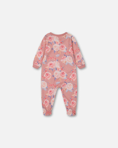 Pyjama une pièce en coton biologique vieux rose imprimé roses