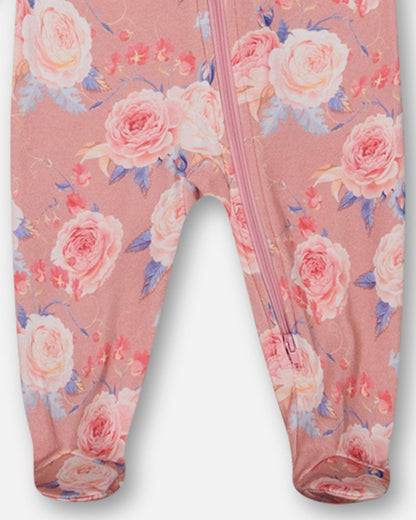 Pyjama une pièce en coton biologique vieux rose imprimé roses