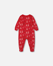 Pyjama une pièce en coton biologique, motif sapin de Noël rouge