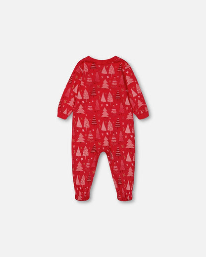Pyjama une pièce en coton biologique, motif sapin de Noël rouge