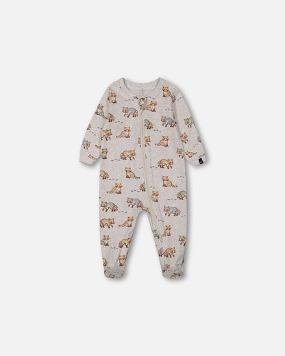 Pyjama une pièce en coton biologique, motif ratons laveurs imprimés, coloris beige mélangé